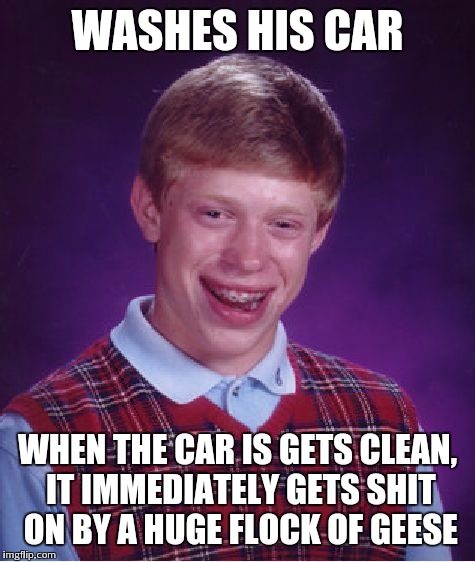 Bad Luck Brian Meme | WASHES HIS CAR WHEN THE CAR IS GETS CLEAN, IT IMMEDIATELY GETS SHIT ON BY A HUGE FLOCK OF GEESE | image tagged in memes,bad luck brian | made w/ Imgflip meme maker