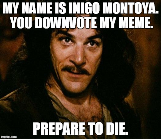 Inigo Montoya | MY NAME IS INIGO MONTOYA. YOU DOWNVOTE MY MEME. PREPARE TO DIE. | image tagged in memes,inigo montoya | made w/ Imgflip meme maker