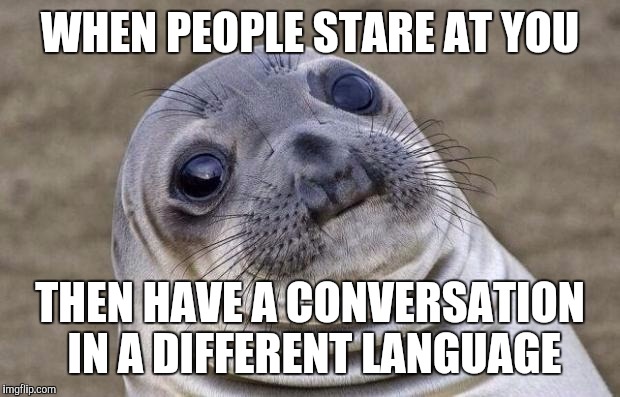 Awkward Moment Sealion | WHEN PEOPLE STARE AT YOU THEN HAVE A CONVERSATION IN A DIFFERENT LANGUAGE | image tagged in memes,awkward moment sealion | made w/ Imgflip meme maker