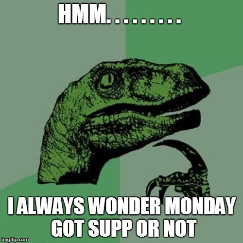 Philosoraptor Meme | HMM. . . . . . . . . I ALWAYS WONDER MONDAY GOT SUPP OR NOT | image tagged in memes,philosoraptor | made w/ Imgflip meme maker