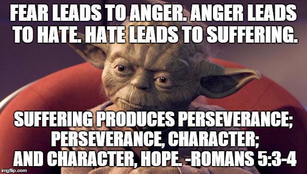 Yoda should have kept his thought train going . . .  | FEAR LEADS TO ANGER. ANGER LEADS TO HATE. HATE LEADS TO SUFFERING. SUFFERING PRODUCES PERSEVERANCE; PERSEVERANCE, CHARACTER; AND CHARACTER,  | image tagged in yoda wisdom | made w/ Imgflip meme maker