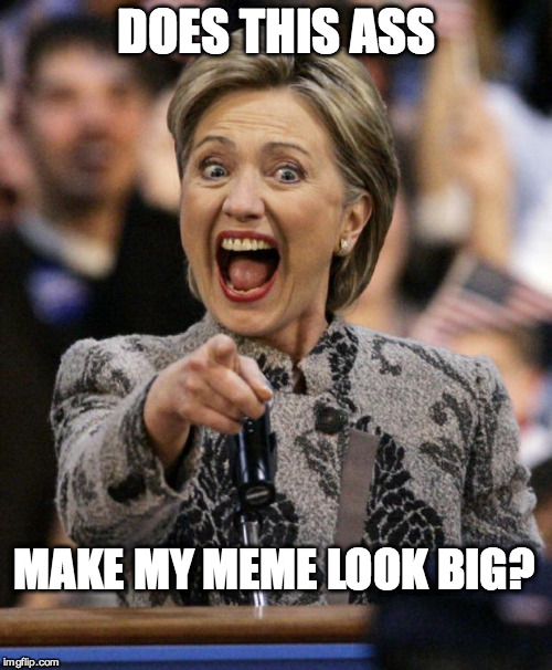 hillarypointing | DOES THIS ASS MAKE MY MEME LOOK BIG? | image tagged in hillarypointing | made w/ Imgflip meme maker