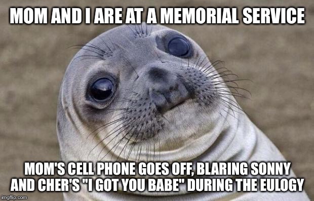 Awkward Moment Sealion Meme | MOM AND I ARE AT A MEMORIAL SERVICE MOM'S CELL PHONE GOES OFF, BLARING SONNY AND CHER'S "I GOT YOU BABE" DURING THE EULOGY | image tagged in memes,awkward moment sealion | made w/ Imgflip meme maker