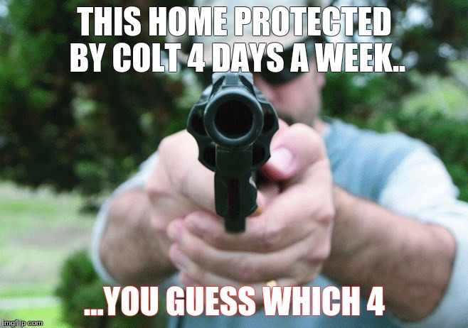 THIS HOME PROTECTED BY COLT 4 DAYS A WEEK.. ...YOU GUESS WHICH 4 | image tagged in warning sign | made w/ Imgflip meme maker