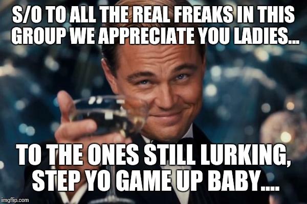 Leonardo Dicaprio Cheers Meme | S/O TO ALL THE REAL FREAKS IN THIS GROUP WE APPRECIATE YOU LADIES... TO THE ONES STILL LURKING, STEP YO GAME UP BABY.... | image tagged in memes,leonardo dicaprio cheers | made w/ Imgflip meme maker
