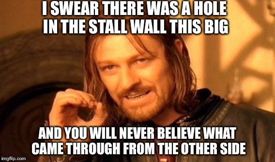 Simply wrong | I SWEAR THERE WAS A HOLE IN THE STALL WALL THIS BIG AND YOU WILL NEVER BELIEVE WHAT CAME THROUGH FROM THE OTHER SIDE | image tagged in memes,one does not simply | made w/ Imgflip meme maker