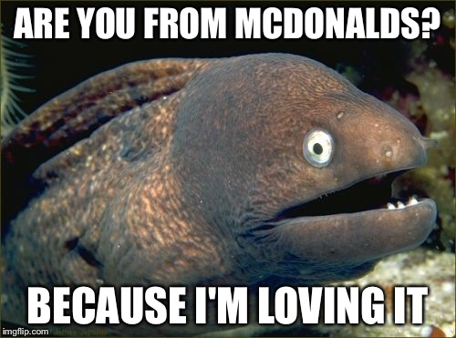 Bad Joke Eel | ARE YOU FROM MCDONALDS? BECAUSE I'M LOVING IT | image tagged in memes,bad joke eel | made w/ Imgflip meme maker