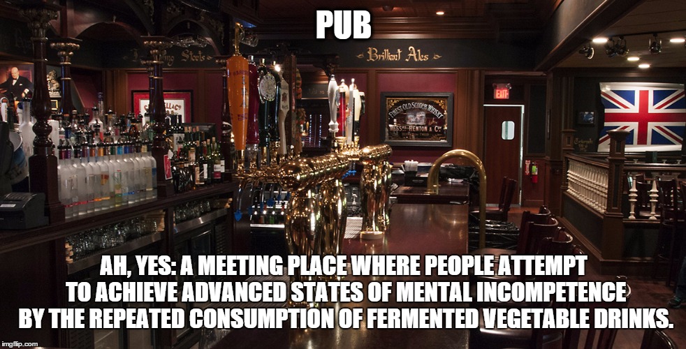 PUB AH, YES: A MEETING PLACE WHERE PEOPLE ATTEMPT TO ACHIEVE ADVANCED STATES OF MENTAL INCOMPETENCE BY THE REPEATED CONSUMPTION OF FERMENTED | image tagged in RedDwarf | made w/ Imgflip meme maker