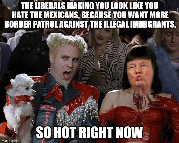 Trump Is So Hot Right Now | THE LIBERALS MAKING YOU LOOK LIKE YOU HATE THE MEXICANS, BECAUSE YOU WANT MORE BORDER PATROL AGAINST THE ILLEGAL IMMIGRANTS. SO HOT RIGHT NO | image tagged in mugatu so hot right now,political,donald trump | made w/ Imgflip meme maker