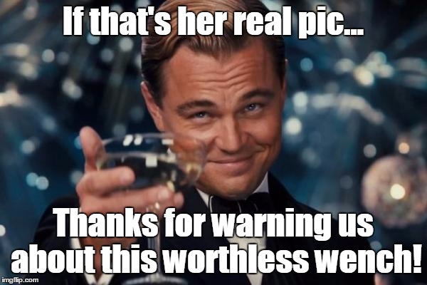 Leonardo Dicaprio Cheers Meme | If that's her real pic... Thanks for warning us about this worthless wench! | image tagged in memes,leonardo dicaprio cheers | made w/ Imgflip meme maker