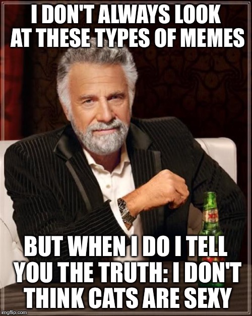 The Most Interesting Man In The World Meme | I DON'T ALWAYS LOOK AT THESE TYPES OF MEMES BUT WHEN I DO I TELL YOU THE TRUTH: I DON'T THINK CATS ARE SEXY | image tagged in memes,the most interesting man in the world | made w/ Imgflip meme maker