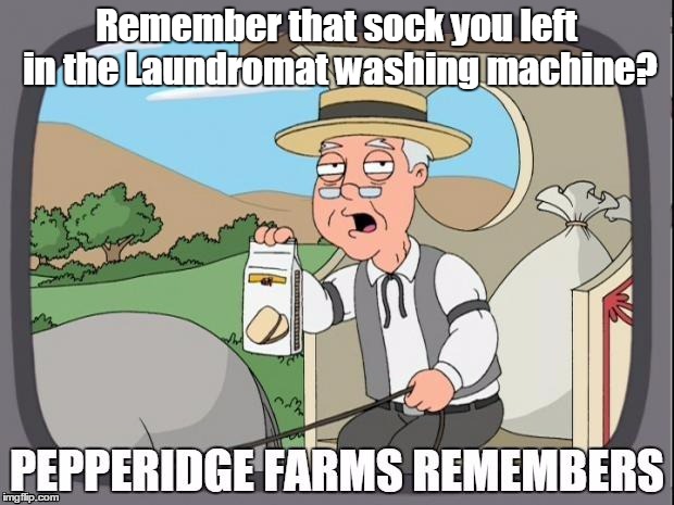 PEPPERIDGE FARMS REMEMBERS | Remember that sock you left in the Laundromat washing machine? | image tagged in pepperidge farms remembers | made w/ Imgflip meme maker