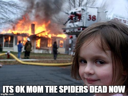Disaster Girl | ITS OK MOM THE SPIDERS DEAD NOW | image tagged in memes,disaster girl | made w/ Imgflip meme maker