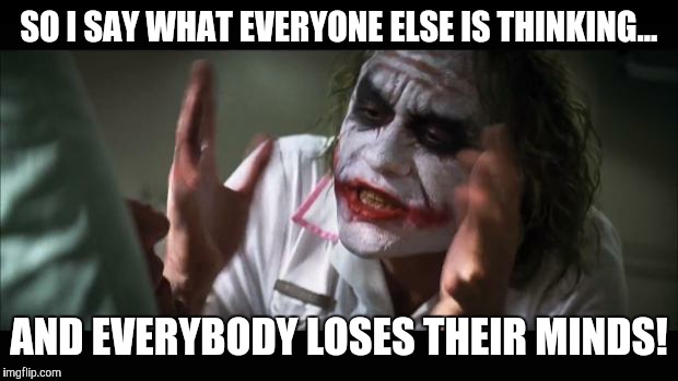 And everybody loses their minds | SO I SAY WHAT EVERYONE ELSE IS THINKING... AND EVERYBODY LOSES THEIR MINDS! | image tagged in memes,and everybody loses their minds | made w/ Imgflip meme maker