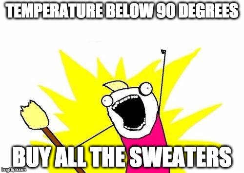X All The Y | TEMPERATURE BELOW 90 DEGREES BUY ALL THE SWEATERS | image tagged in memes,x all the y,AdviceAnimals | made w/ Imgflip meme maker