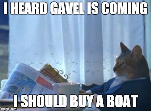 I Should Buy A Boat Cat Meme | I HEARD GAVEL IS COMING I SHOULD BUY A BOAT | image tagged in memes,i should buy a boat cat | made w/ Imgflip meme maker