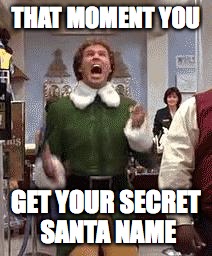 Buddy The Elf | THAT MOMENT YOU GET YOUR SECRET SANTA NAME | image tagged in buddy the elf | made w/ Imgflip meme maker