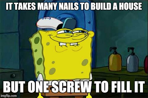 Don't You Squidward Meme | IT TAKES MANY NAILS TO BUILD A HOUSE BUT ONE SCREW TO FILL IT | image tagged in memes,dont you squidward | made w/ Imgflip meme maker