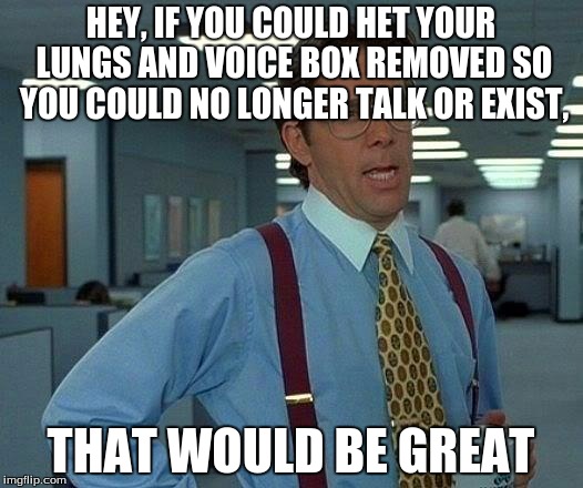 That Would Be Great Meme | HEY, IF YOU COULD HET YOUR LUNGS AND VOICE BOX REMOVED SO YOU COULD NO LONGER TALK OR EXIST, THAT WOULD BE GREAT | image tagged in memes,that would be great | made w/ Imgflip meme maker