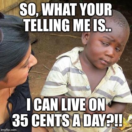 Third World Skeptical Kid Meme | SO, WHAT YOUR TELLING ME IS.. I CAN LIVE ON 35 CENTS A DAY?!! | image tagged in memes,third world skeptical kid | made w/ Imgflip meme maker