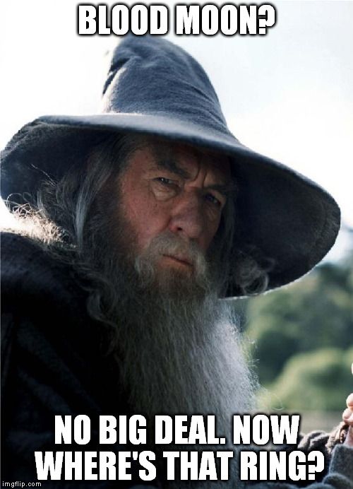 Gandalf No Other Choice | BLOOD MOON? NO BIG DEAL.
NOW WHERE'S THAT RING? | image tagged in gandalf no other choice | made w/ Imgflip meme maker