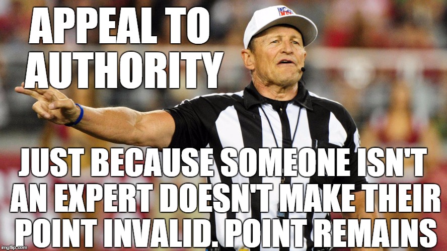 Appeal to authority penalty. . . | APPEAL TO AUTHORITY JUST BECAUSE SOMEONE ISN'T AN EXPERT DOESN'T MAKE THEIR POINT INVALID. POINT REMAINS | image tagged in logical fallacy referee | made w/ Imgflip meme maker