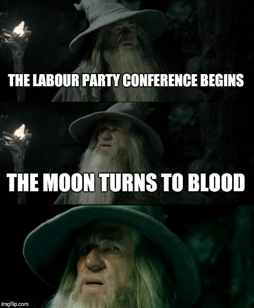 Confused Gandalf | THE LABOUR PARTY CONFERENCE BEGINS THE MOON TURNS TO BLOOD | image tagged in memes,confused gandalf | made w/ Imgflip meme maker