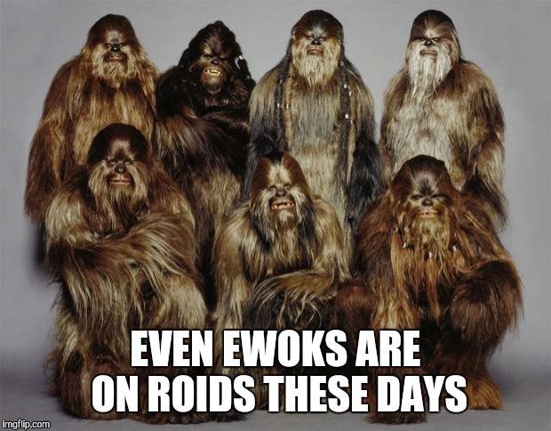 Wookies, Star Wars, Forest World Problems | EVEN EWOKS ARE ON ROIDS THESE DAYS | image tagged in wookies star wars forest world problems | made w/ Imgflip meme maker