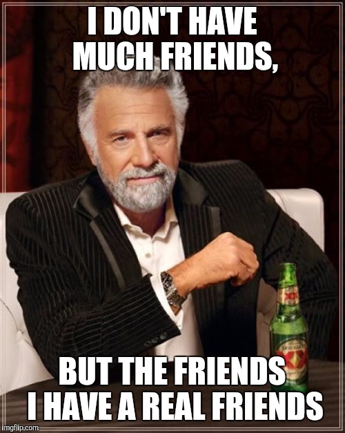 The Most Interesting Man In The World Meme | I DON'T HAVE MUCH FRIENDS, BUT THE FRIENDS I HAVE A REAL FRIENDS | image tagged in memes,the most interesting man in the world | made w/ Imgflip meme maker