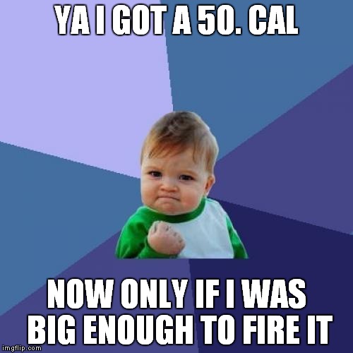 Success Kid | YA I GOT A 50. CAL NOW ONLY IF I WAS BIG ENOUGH TO FIRE IT | image tagged in memes,success kid | made w/ Imgflip meme maker