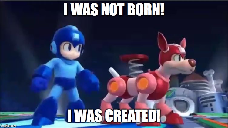 Megaman and Rush | I WAS NOT BORN! I WAS CREATED! | image tagged in megaman and rush | made w/ Imgflip meme maker