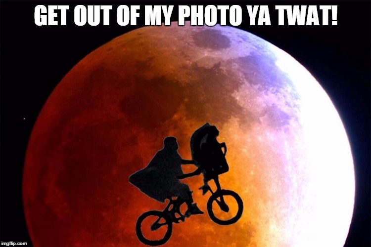 RED MOON E.T. | GET OUT OF MY PHOTO YA TWAT! | image tagged in memes,funny memes,et | made w/ Imgflip meme maker