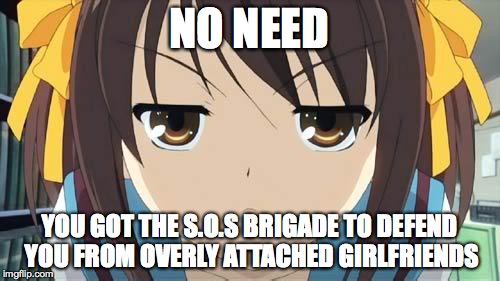 Haruhi stare | NO NEED YOU GOT THE S.O.S BRIGADE TO DEFEND YOU FROM OVERLY ATTACHED GIRLFRIENDS | image tagged in haruhi stare | made w/ Imgflip meme maker