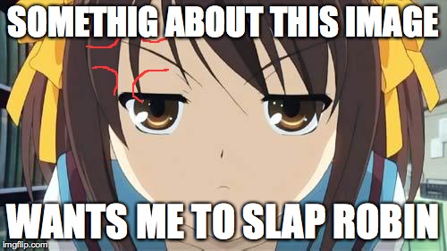 Haruhi stare | SOMETHIG ABOUT THIS IMAGE WANTS ME TO SLAP ROBIN | image tagged in haruhi stare | made w/ Imgflip meme maker