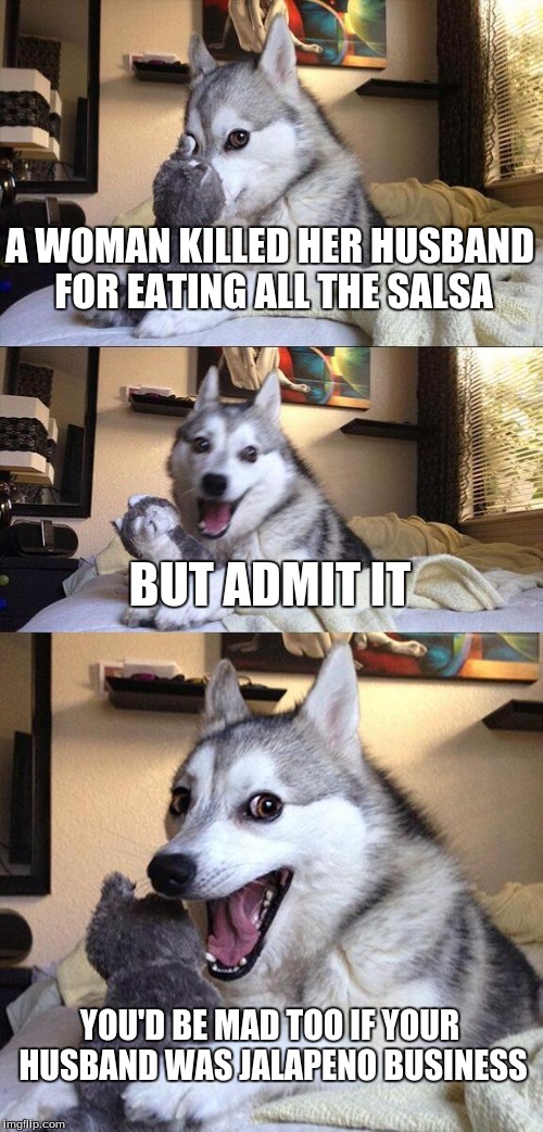 Bad Pun Dog | A WOMAN KILLED HER HUSBAND FOR EATING ALL THE SALSA BUT ADMIT IT YOU'D BE MAD TOO IF YOUR HUSBAND WAS JALAPENO BUSINESS | image tagged in memes,bad pun dog | made w/ Imgflip meme maker