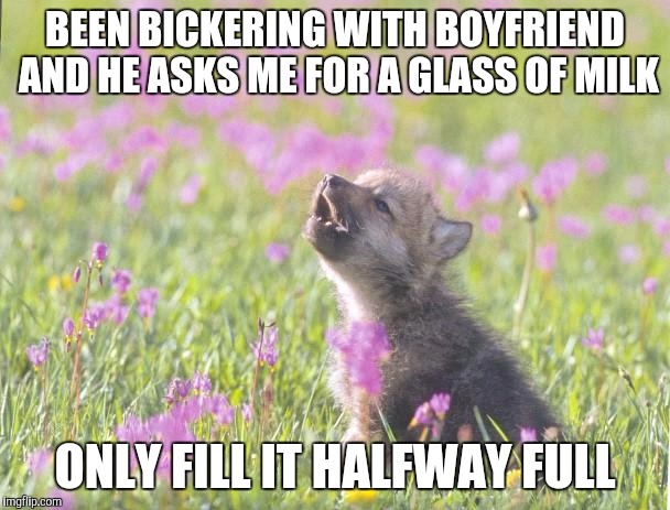 Baby Insanity Wolf | BEEN BICKERING WITH BOYFRIEND AND HE ASKS ME FOR A GLASS OF MILK ONLY FILL IT HALFWAY FULL | image tagged in memes,baby insanity wolf,AdviceAnimals | made w/ Imgflip meme maker