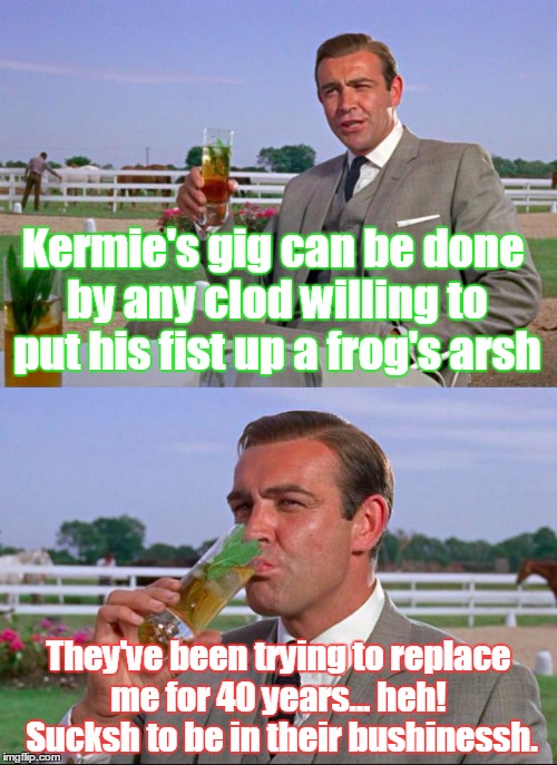 Sean Connery > Kermit | Kermie's gig can be done by any clod willing to put his fist up a frog's arsh They've been trying to replace me for 40 years... heh!  Sucksh | image tagged in sean connery  kermit,kermit vs connery | made w/ Imgflip meme maker