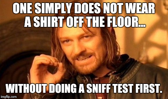One Does Not Simply Meme | ONE SIMPLY DOES NOT WEAR A SHIRT OFF THE FLOOR... WITHOUT DOING A SNIFF TEST FIRST. | image tagged in memes,one does not simply | made w/ Imgflip meme maker