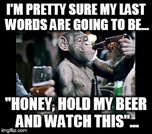 Drunk Chimp Beer Drinker | I'M PRETTY SURE MY LAST WORDS ARE GOING TO BE... "HONEY, HOLD MY BEER AND WATCH THIS"... | image tagged in drunk chimp beer drinker | made w/ Imgflip meme maker