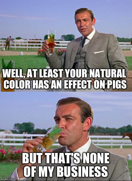 Sean | WELL, AT LEAST YOUR NATURAL COLOR HAS AN EFFECT ON PIGS BUT THAT'S NONE OF MY BUSINESS | image tagged in sean | made w/ Imgflip meme maker