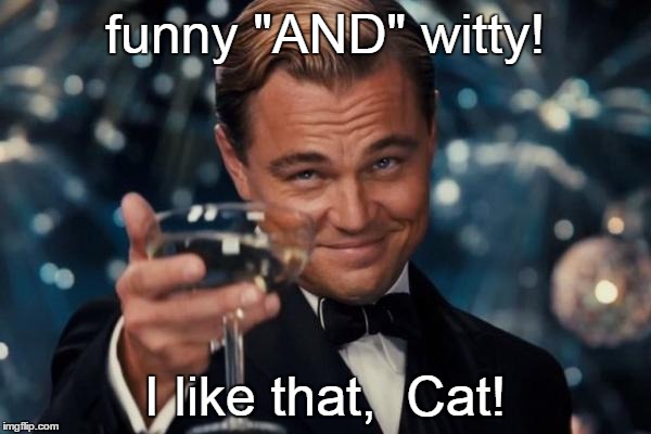 Leonardo Dicaprio Cheers Meme | funny "AND" witty! I like that,  Cat! | image tagged in memes,leonardo dicaprio cheers | made w/ Imgflip meme maker