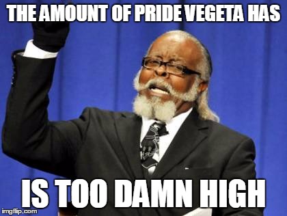 Vegeta's pride | THE AMOUNT OF PRIDE VEGETA HAS IS TOO DAMN HIGH | image tagged in memes,too damn high,vegeta,dbz,dragonball z | made w/ Imgflip meme maker