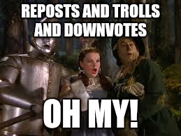 Imgflip in a nutshell | REPOSTS AND TROLLS AND DOWNVOTES OH MY! | image tagged in imgflip,wizard of oz | made w/ Imgflip meme maker