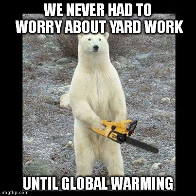 Chainsaw Bear Meme | WE NEVER HAD TO WORRY ABOUT YARD WORK UNTIL GLOBAL WARMING | image tagged in memes,chainsaw bear | made w/ Imgflip meme maker