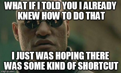 Matrix Morpheus Meme | WHAT IF I TOLD YOU I ALREADY KNEW HOW TO DO THAT I JUST WAS HOPING THERE WAS SOME KIND OF SHORTCUT | image tagged in memes,matrix morpheus | made w/ Imgflip meme maker
