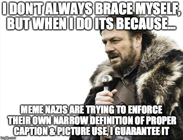 Brace Yourselves X is Coming | I DON'T ALWAYS BRACE MYSELF, BUT WHEN I DO ITS BECAUSE... MEME NAZIS ARE TRYING TO ENFORCE THEIR OWN NARROW DEFINITION OF PROPER CAPTION & P | image tagged in memes,brace yourselves x is coming | made w/ Imgflip meme maker