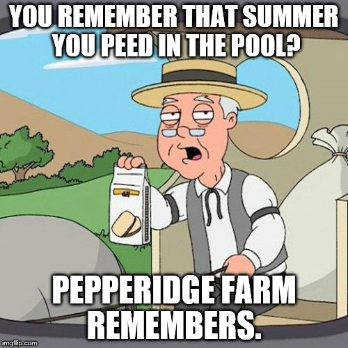 Pepperidge Farm Remembers | YOU REMEMBER THAT SUMMER YOU PEED IN THE POOL? PEPPERIDGE FARM REMEMBERS. | image tagged in memes,pepperidge farm remembers | made w/ Imgflip meme maker