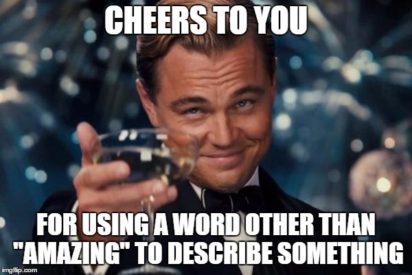 Leonardo Dicaprio Cheers | CHEERS TO YOU FOR USING A WORD OTHER THAN "AMAZING" TO DESCRIBE SOMETHING | image tagged in memes,leonardo dicaprio cheers | made w/ Imgflip meme maker