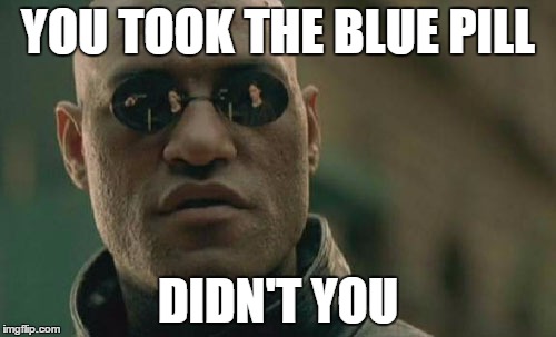 Matrix Morpheus | YOU TOOK THE BLUE PILL DIDN'T YOU | image tagged in memes,matrix morpheus | made w/ Imgflip meme maker