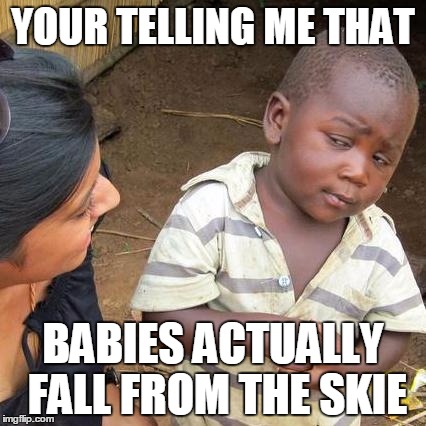 Third World Skeptical Kid | YOUR TELLING ME THAT BABIES ACTUALLY FALL FROM THE SKIE | image tagged in memes,third world skeptical kid | made w/ Imgflip meme maker